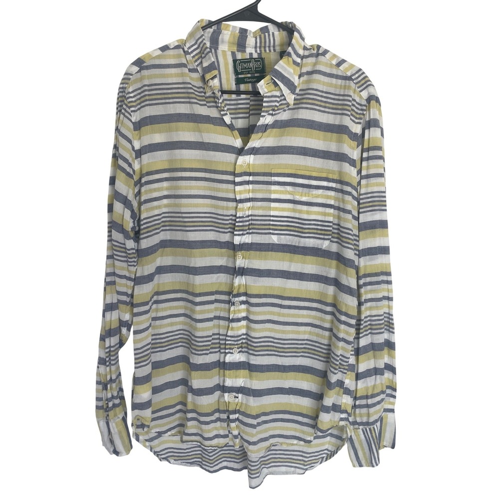 Gitman Bros Mens Button Cotton Shirt Striped Long Sleeve L Yellow Blue Americana